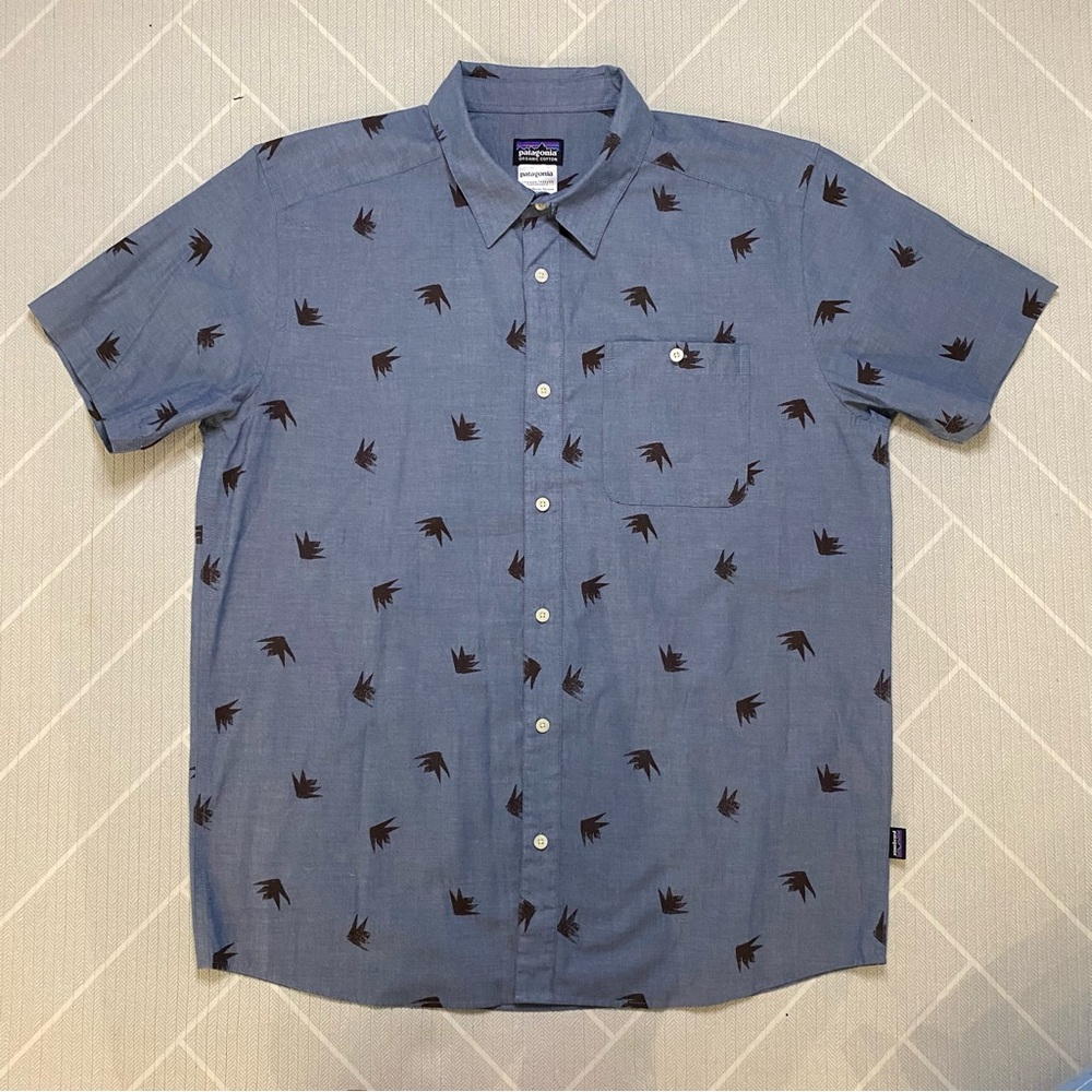 Patagonia Blue Surfer Palm Tree Aloha Hawaiian Camp Shirt Men’s Size L